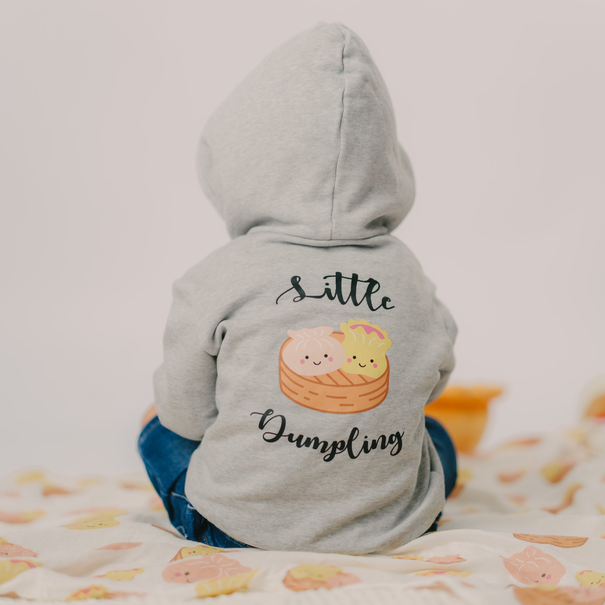 the wee bean little dumpling grey organic cotton dim sum hoodie for kids back print