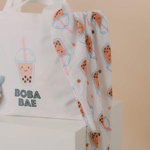 The  Wee Bean eco-friendly canvas reusable tote bag in Boba Bae side view