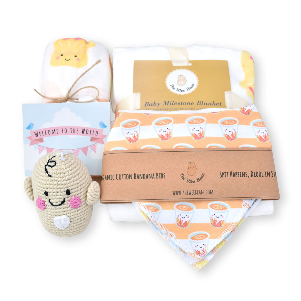 the wee bean taste of hong kong baby newborn gift set milestone blanket organic swaddle fair trade dim sum doll organic cotton bandana bibs