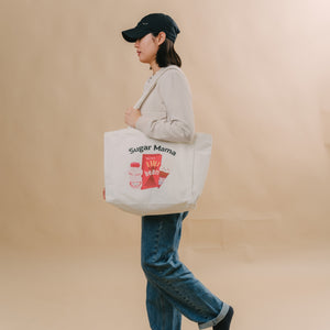 girl walking with the wee bean eco-friendly reusable canvas tote bags in Sugar Mama