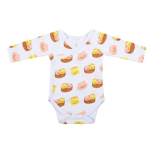 the wee bean long sleeve organic cotton dim sum onesie bodysuit with side snap kimono style buttons