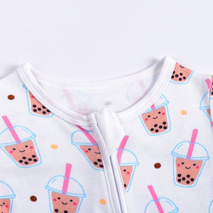 the wee bean bamboo romper with reversible double zipper romper in boba bubble tea with neck cover to protect against zipper