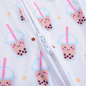 the wee bean bamboo romper with reversible double zipper romper in boba bubble tea