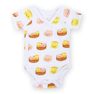 the wee bean organic cotton bodysuit onesie romper in dim sum hargow siumai in newborn size