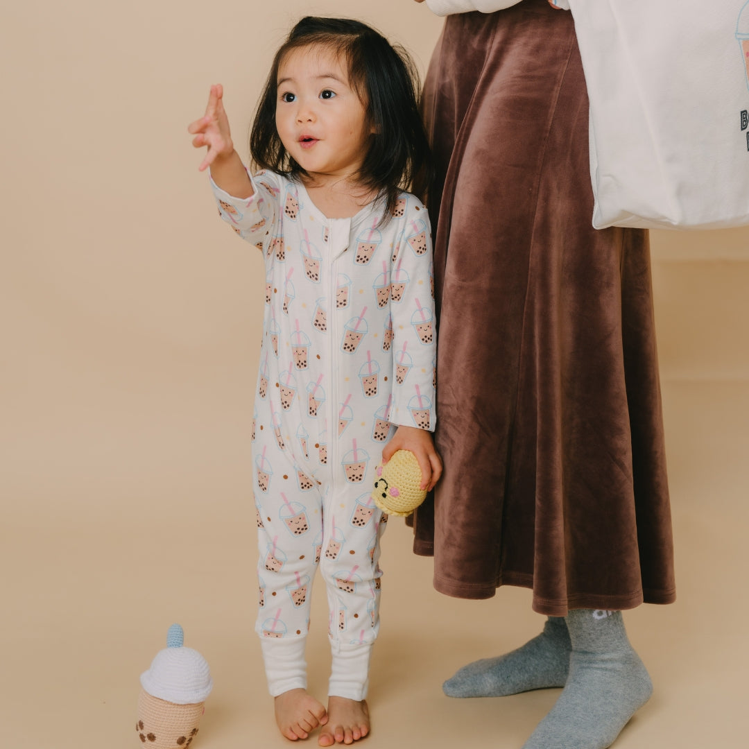 the wee bean bamboo romper with reversible double zipper convertible romper in boba bubble tea toddler size without footies