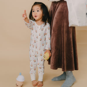 cute girl standing with mommy in boba pajamas