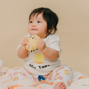 cute baby in egg tart t-shirt with siu mai doll