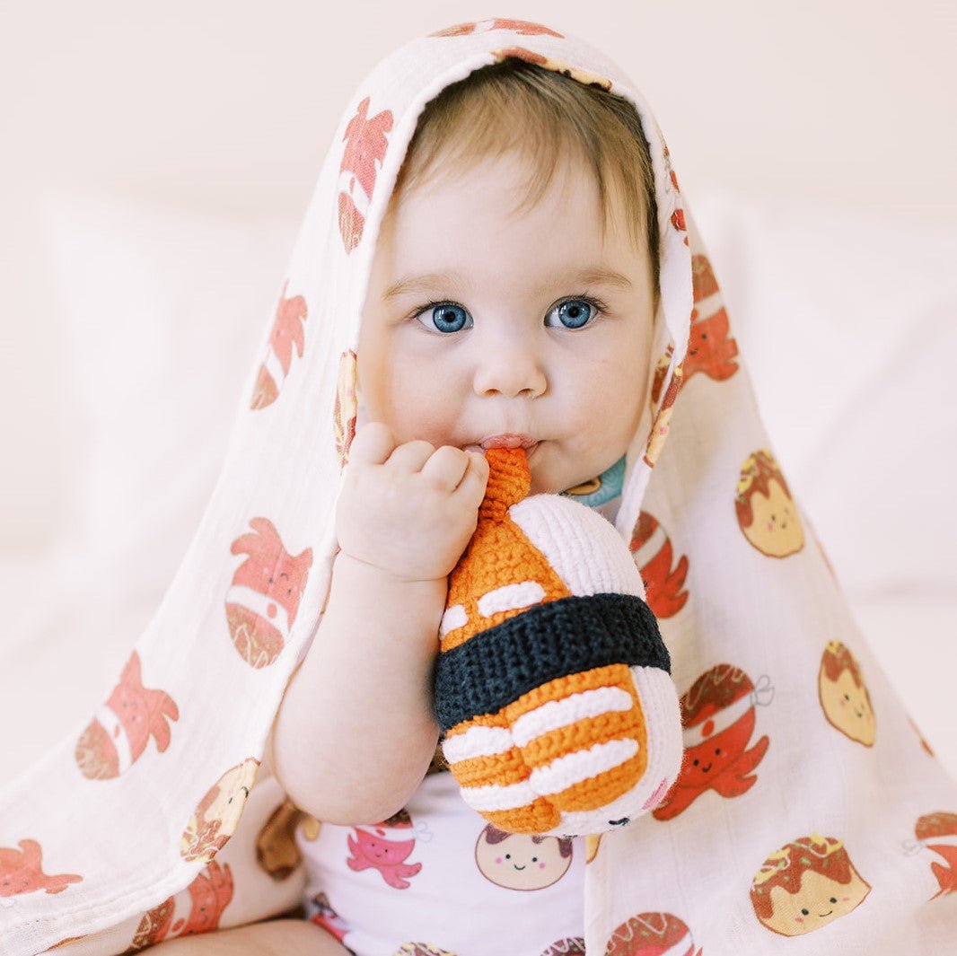 the wee bean organic cotton baby onesie bodysuit in takoyaki octopus balls 